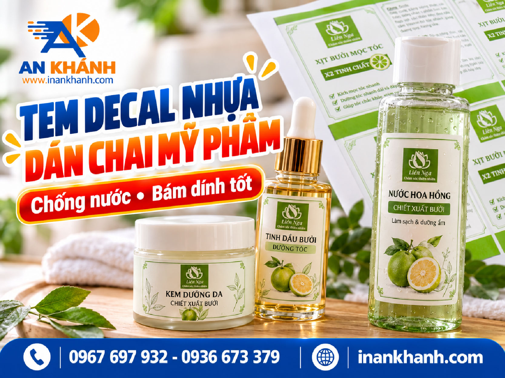 Decal nhựa sữa cán màng mờ dán chai mỹ phẩm