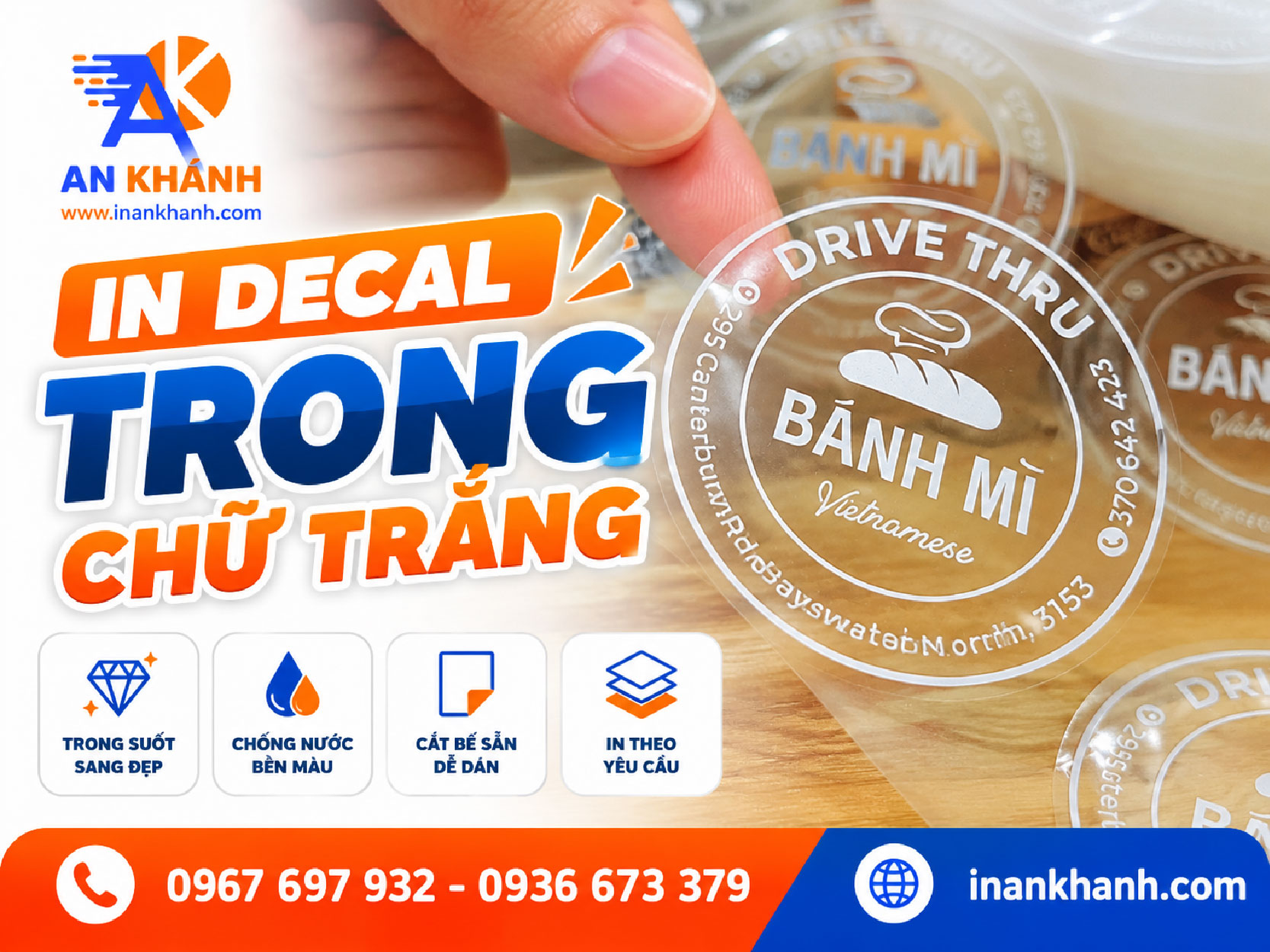 Mẫu tem decal trong chữ trắng tại in An Khánh