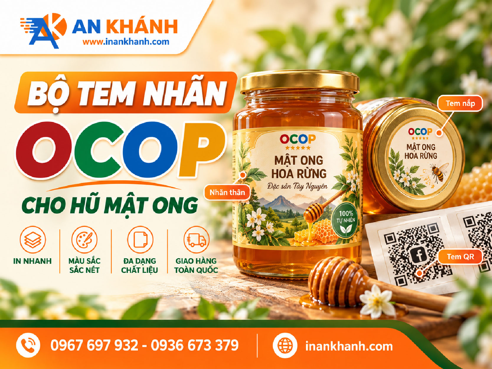 Bộ tem nhãn OCOP cho hũ mật ong gồm nhãn thân, tem nắp, tem QR