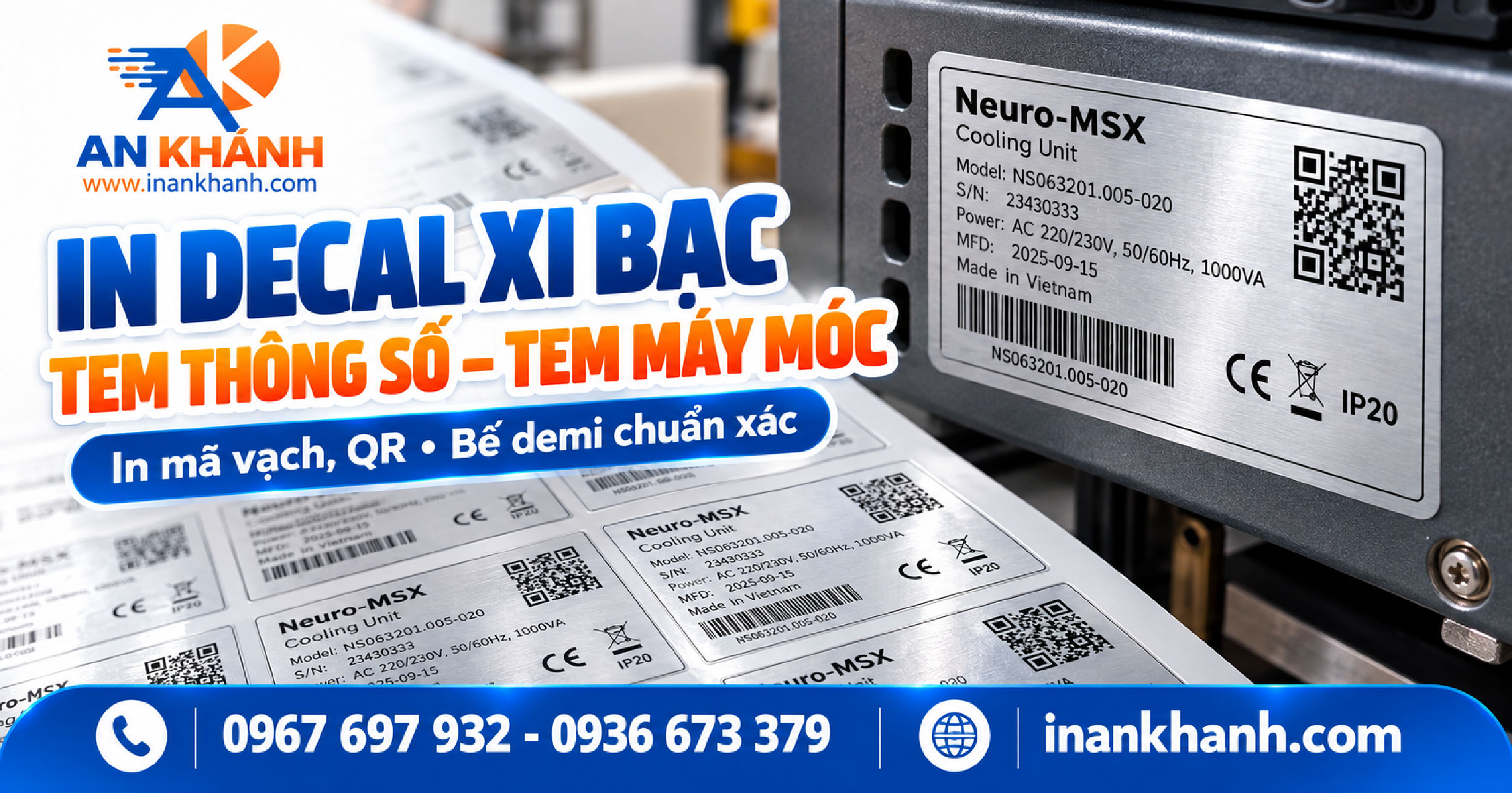 In decal xi bạc dán máy có mã vạch và QR tại xưởng In An Khánh TPHCM