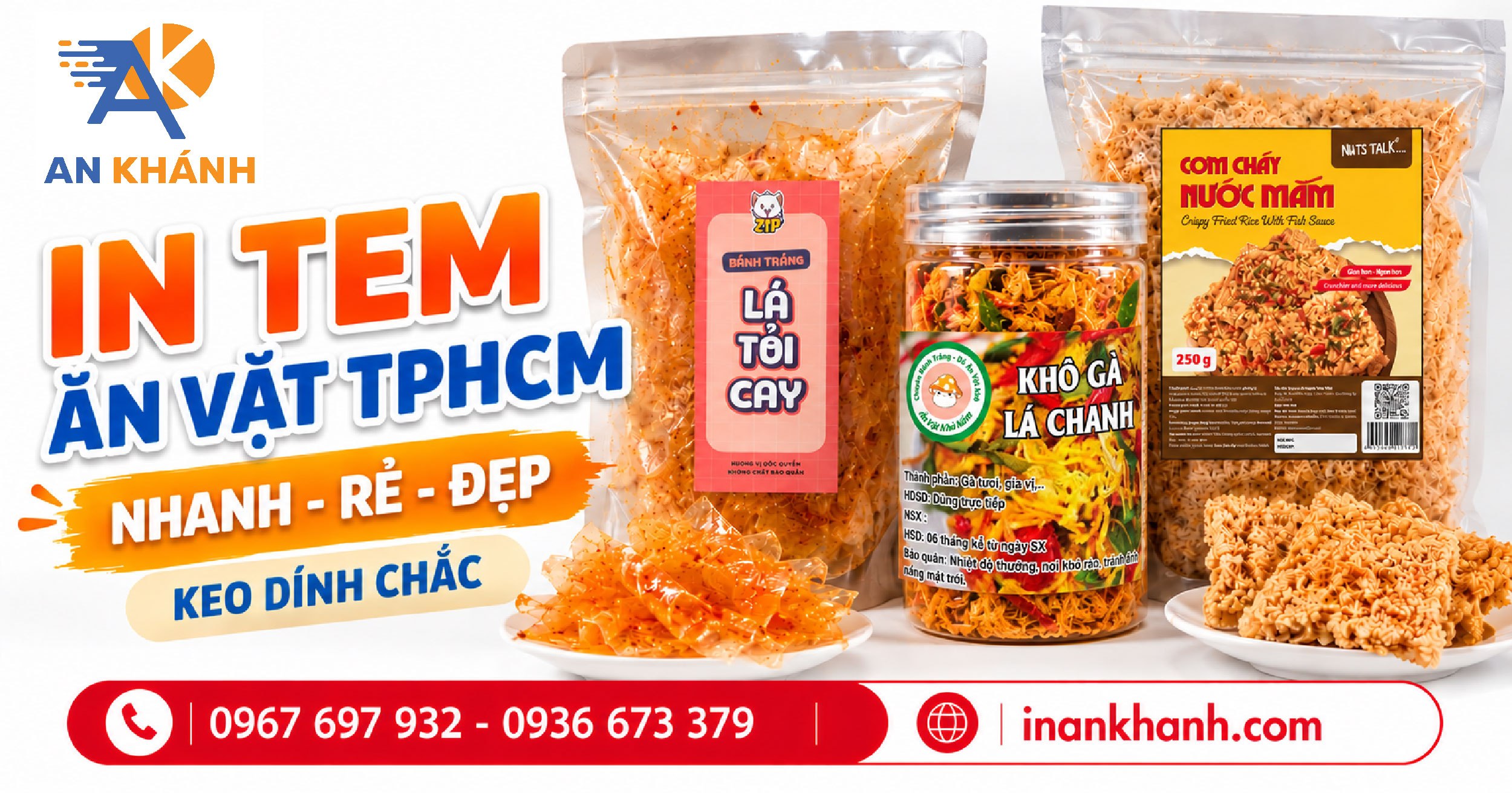 Tem ăn vặt dán túi bánh tráng, hũ khô gà, túi cơm cháy in tại xưởng In An Khánh
