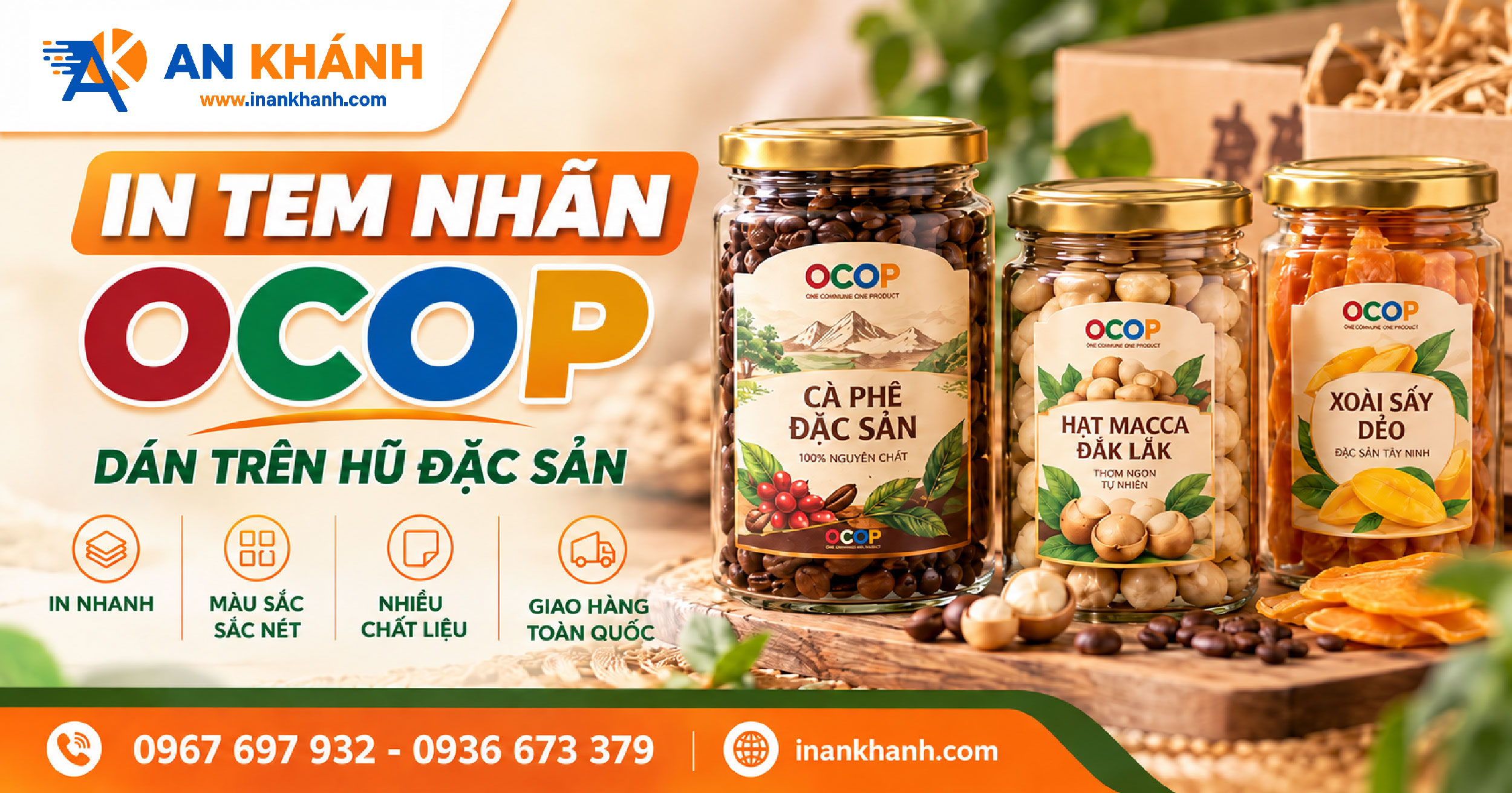 Tem nhãn OCOP dán trên hũ đặc sản in tại xưởng In An Khánh