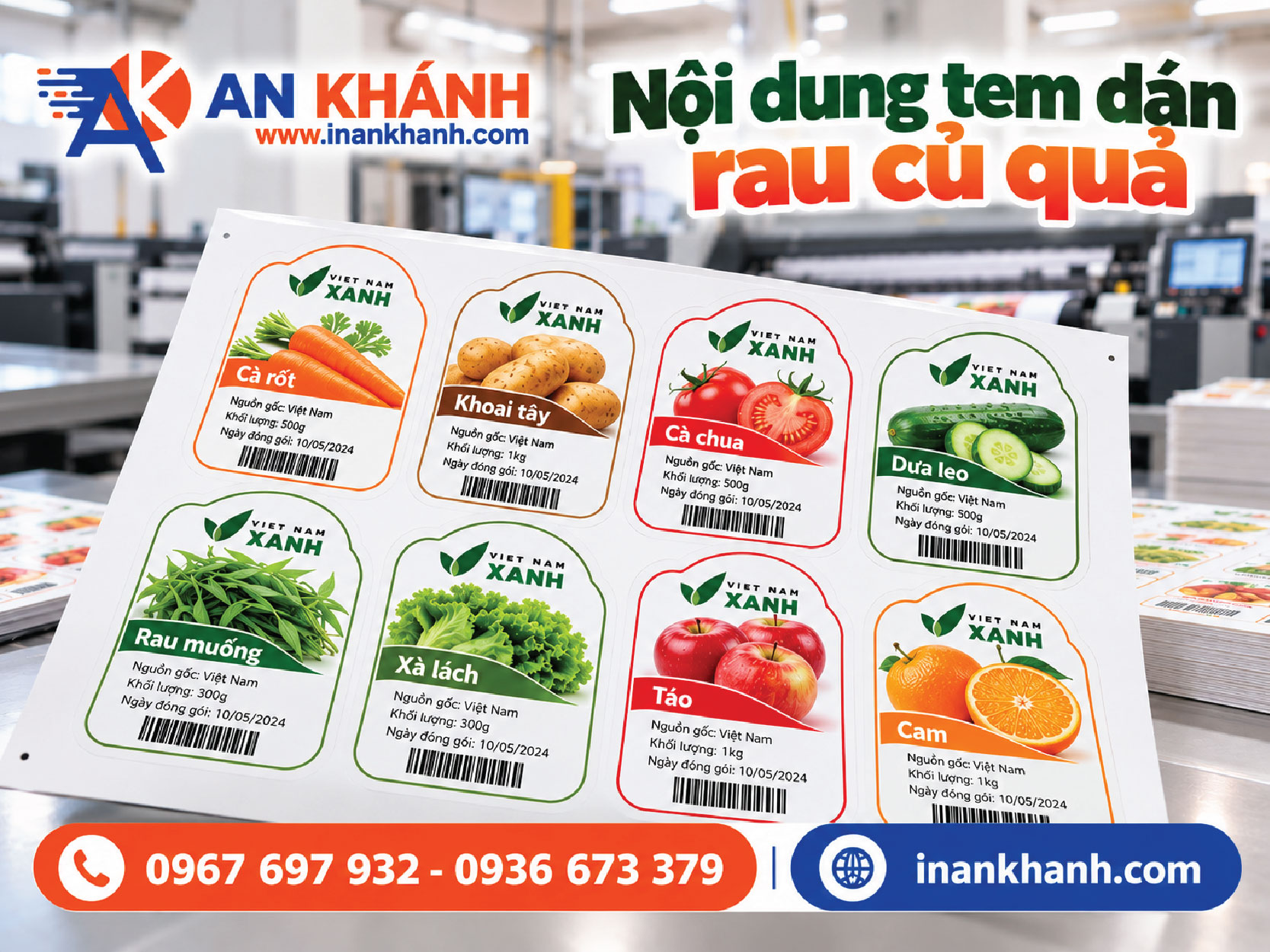 Nội dung tem dán rau củ quả gồm tên sản phẩm, nguồn gốc, khối lượng và mã vạch