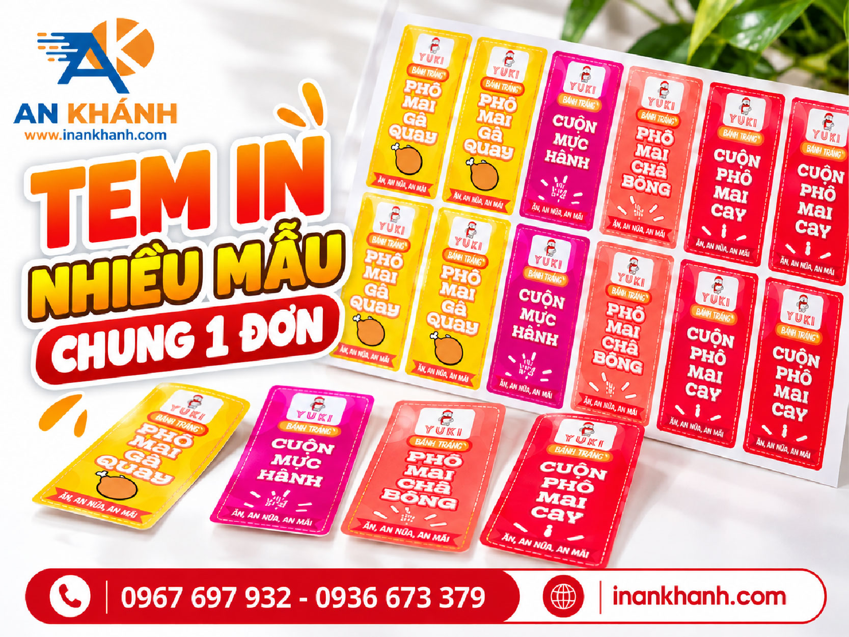 Tờ decal tem đồ ăn vặt nhiều vị in chung một đơn