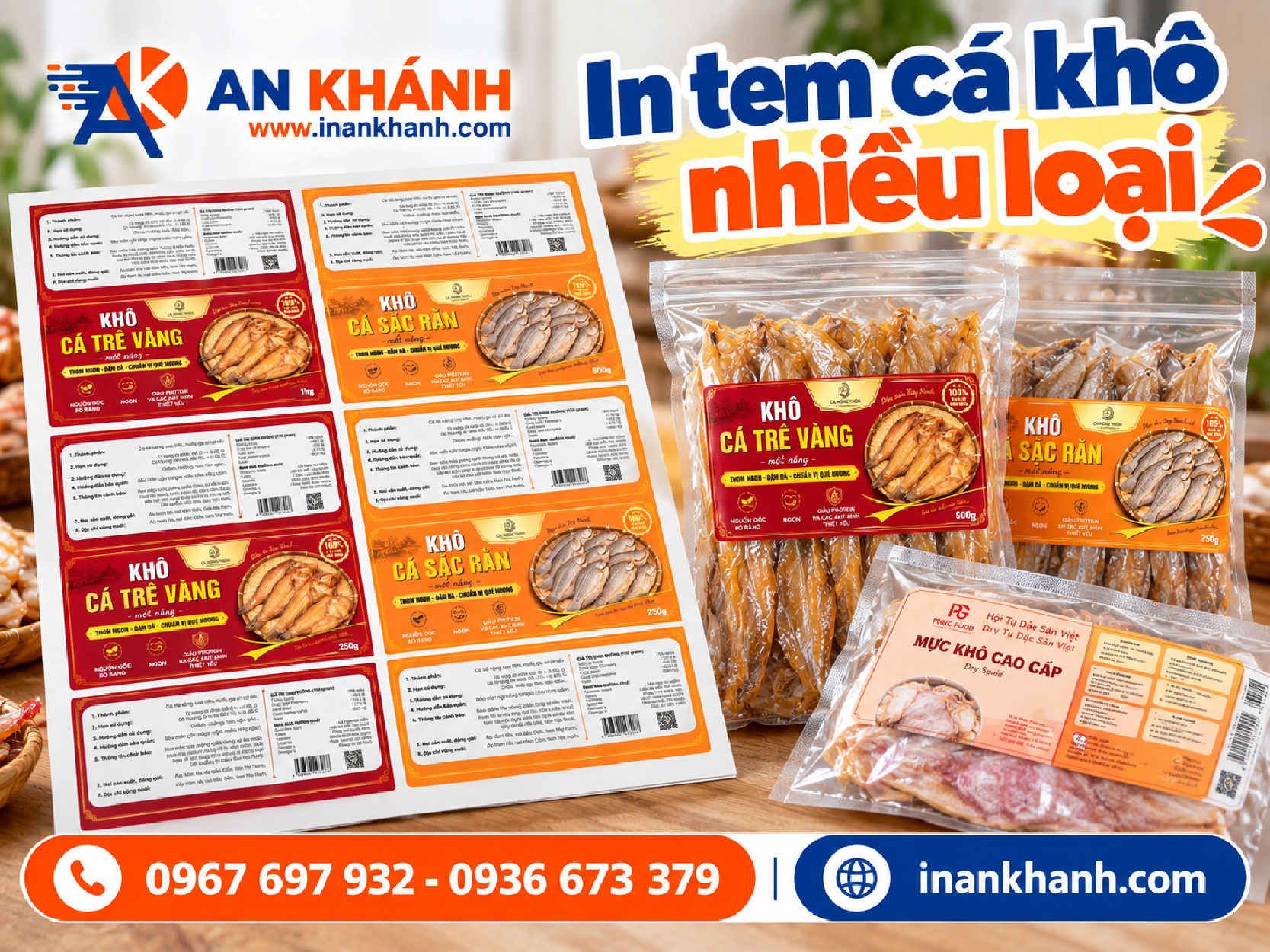 Tem nhãn cá khô nhiều loại in chung một tờ decal nhựa