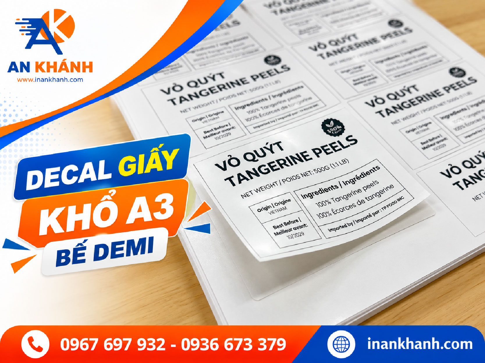 Mẫu tem nhãn phụ giá rẻ in decal giấy bế demi khổ A3