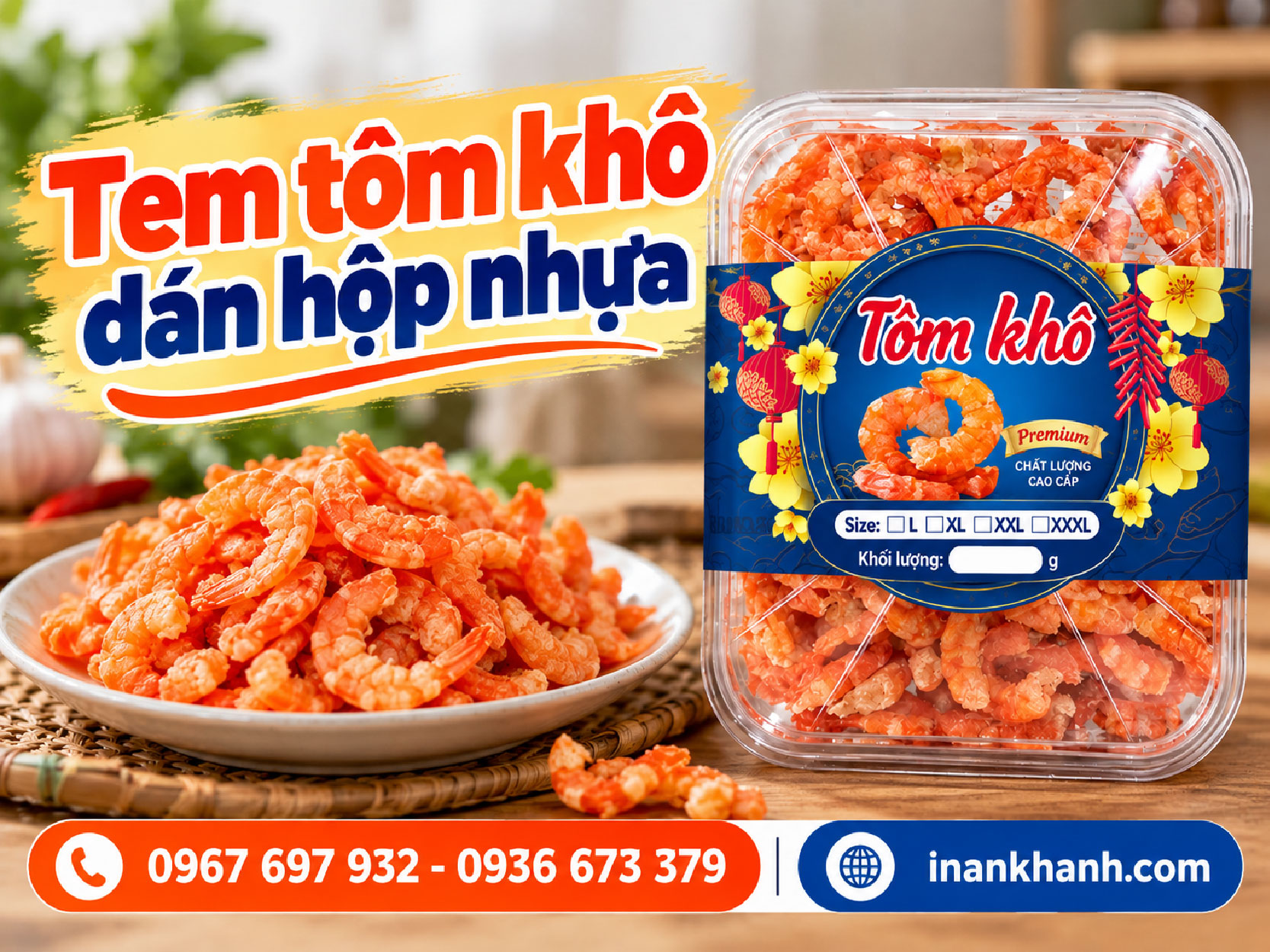 Tem tôm khô dán hộp nhựa