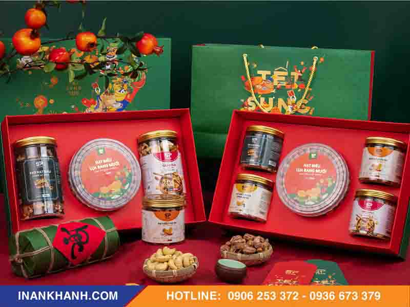 Mẫu hộp và tem hạt điều làm quà tặng