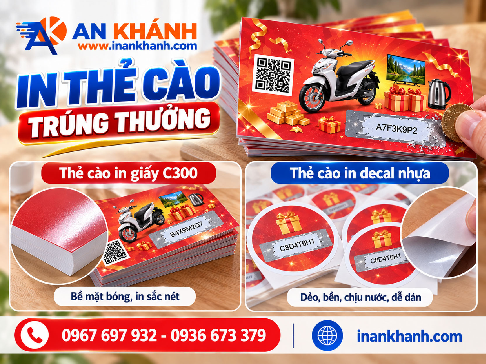 Mẫu chất liệu sử dụng để in thẻ cào gồm giấy C300 và decal nhựa.