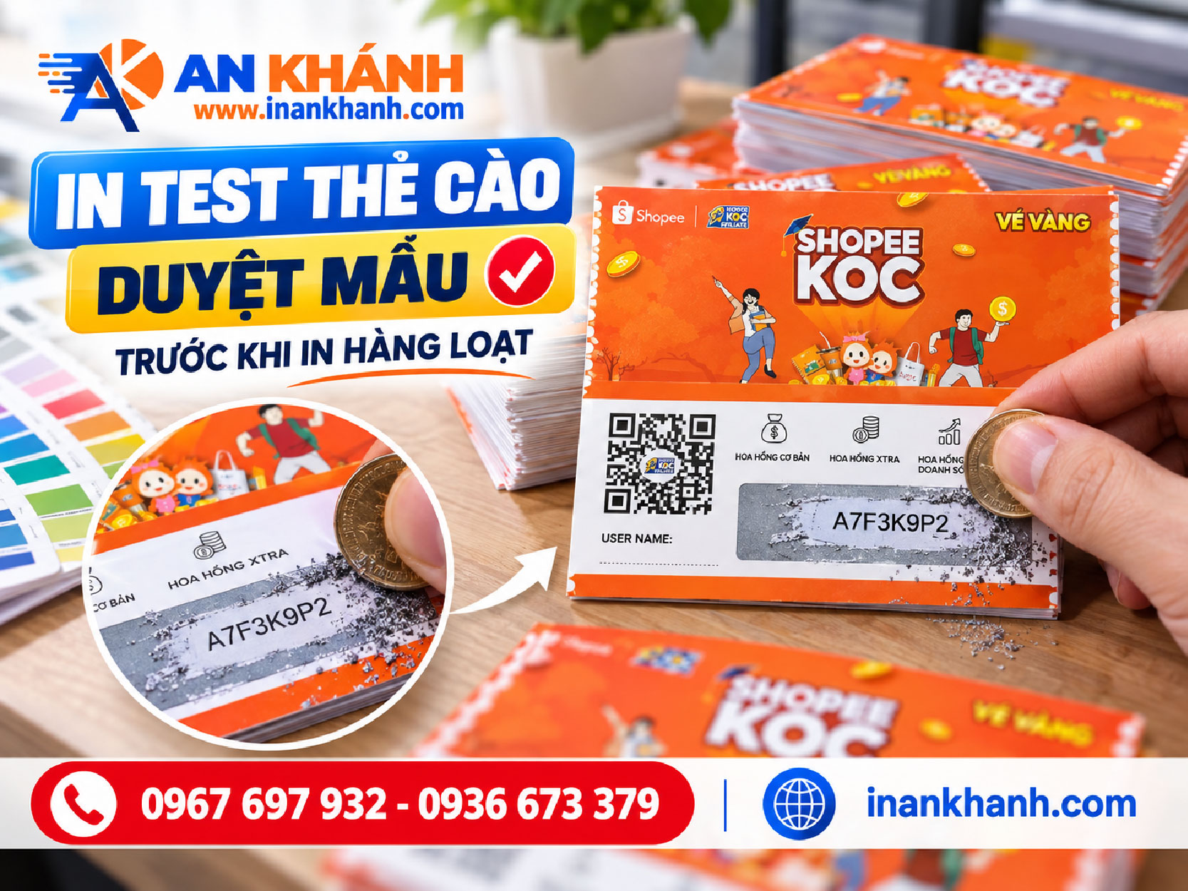 Bước in test duyệt mẫu trong quy trình in thẻ cào tại In An Khánh, khách hàng cào thử để kiểm tra lớp phủ và nội dung bên dưới.