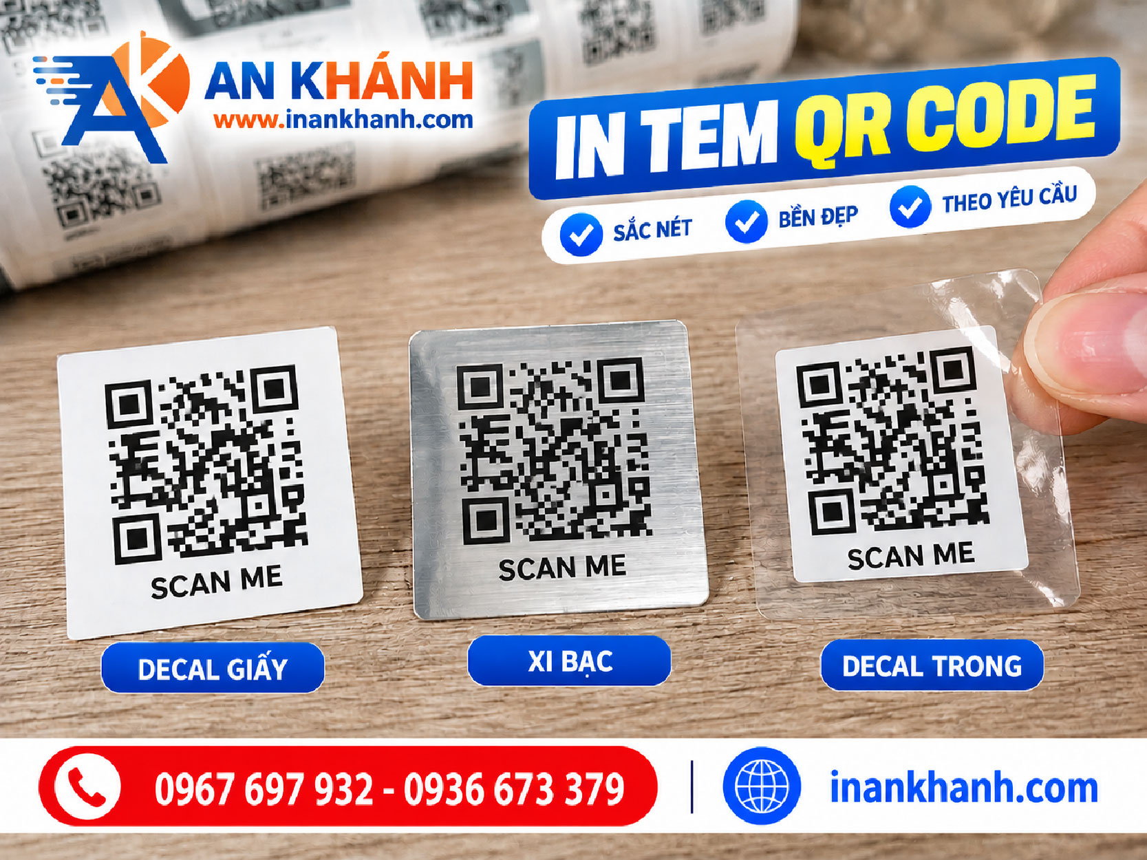 Hình ảnh các chất liệu in tem QR code tại In An Khánh, gồm decal giấy, decal nhựa, decal trong và decal xi bạc. Khách hàng có thể lựa chọn chất liệu theo sản phẩm, môi trường sử dụng và yêu cầu về độ bền của tem.