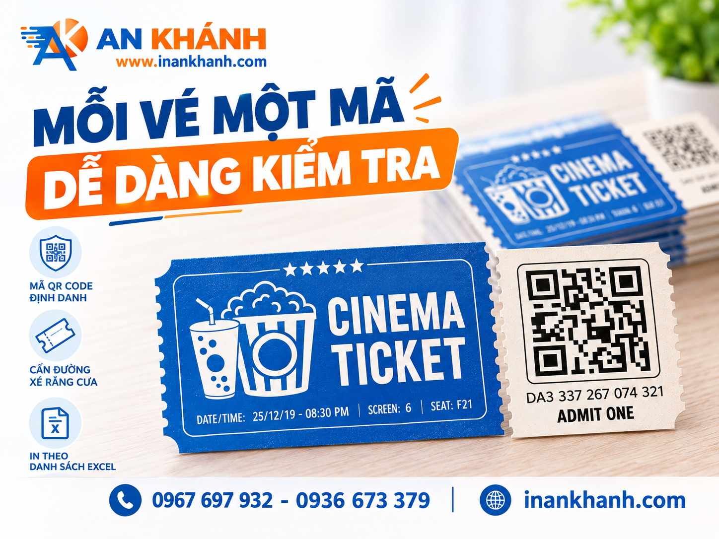 Hình minh họa thân vé và cuống vé được in cùng số để ban tổ chức kiểm tra và đối chiếu vé khi khách vào sự kiện.