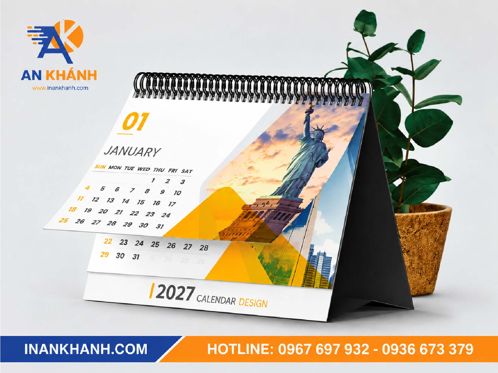Lịch để bàn chữ A 13 tờ, khổ 19 x 16 cm, gáy lò xo, in hình và logo riêng theo yêu cầu doanh nghiệp. Hotline 0967 697 932.