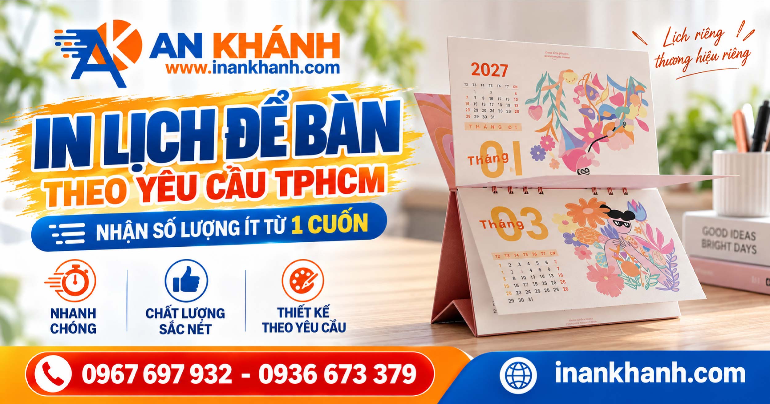 Xưởng In An Khánh nhận in lịch để bàn theo yêu cầu TPHCM dành cho khách hàng cá nhân, doanh nghiệp. Công nghệ in kỹ thuật số sắc nét, nhận in mọi số lượng.