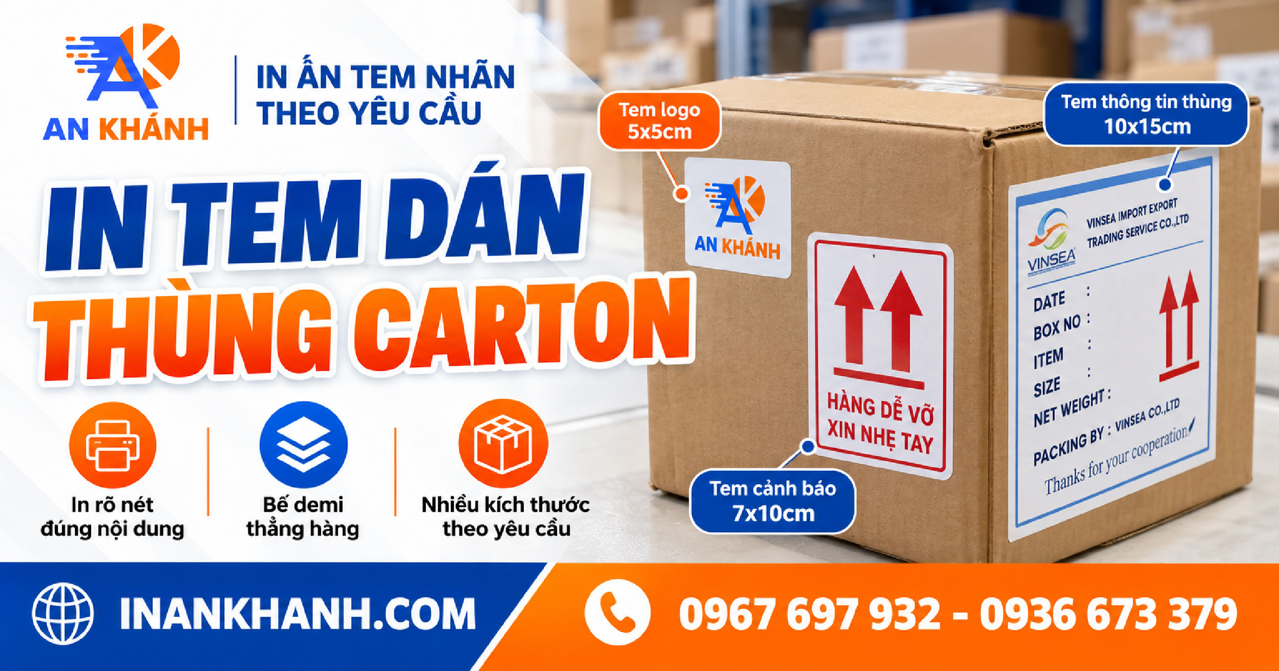 In tem dán thùng carton tại TPHCM: tem logo, tem cảnh báo và tem thông tin thùng
