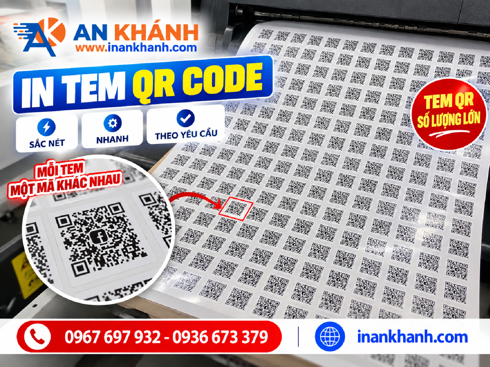 In mỗi tem một mã QR riêng, phù hợp với đơn hàng cần mã hóa và quản lý từng sản phẩm. Tem QR được in theo danh sách dữ liệu khách hàng cung cấp.