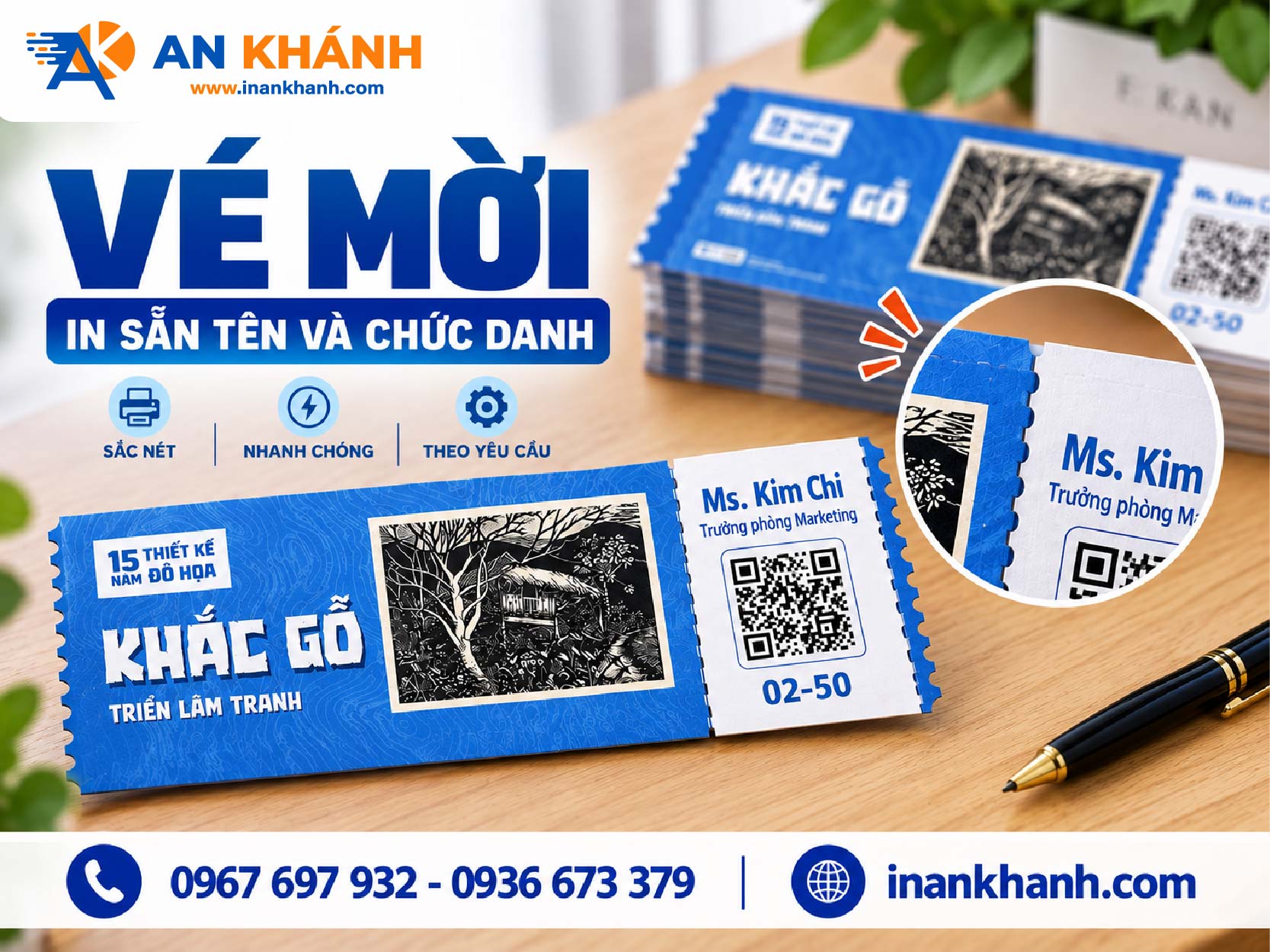 Mẫu vé mời sự kiện được in sẵn họ tên và chức danh từng khách, kết hợp số vé riêng và dữ liệu từ danh sách Excel.