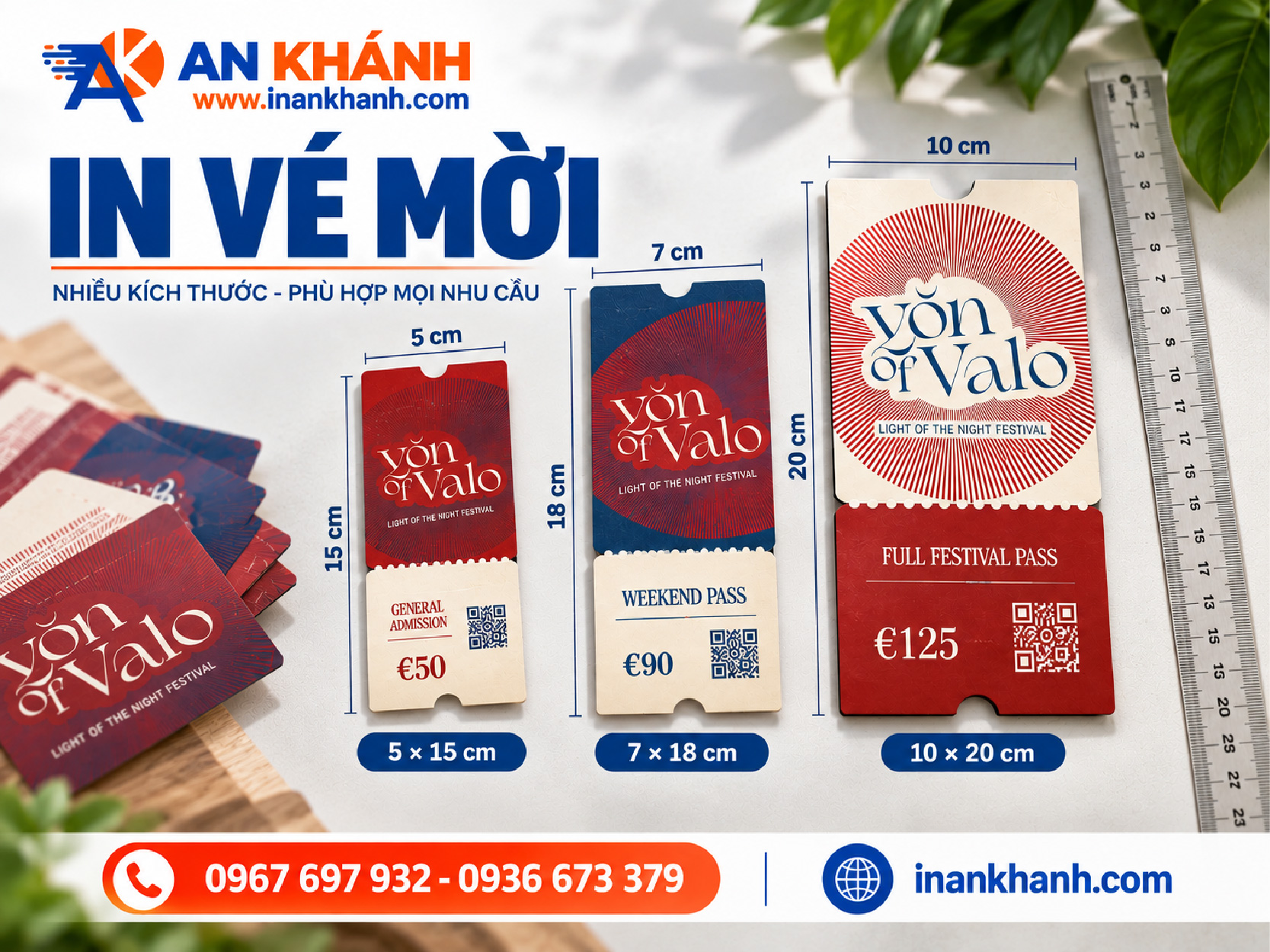 Hình so sánh ba kích thước vé sự kiện phổ biến gồm 5 x 15 cm, 7 x 18 cm và 10 x 20 cm, phù hợp với nhiều nhu cầu in vé tại TPHCM.