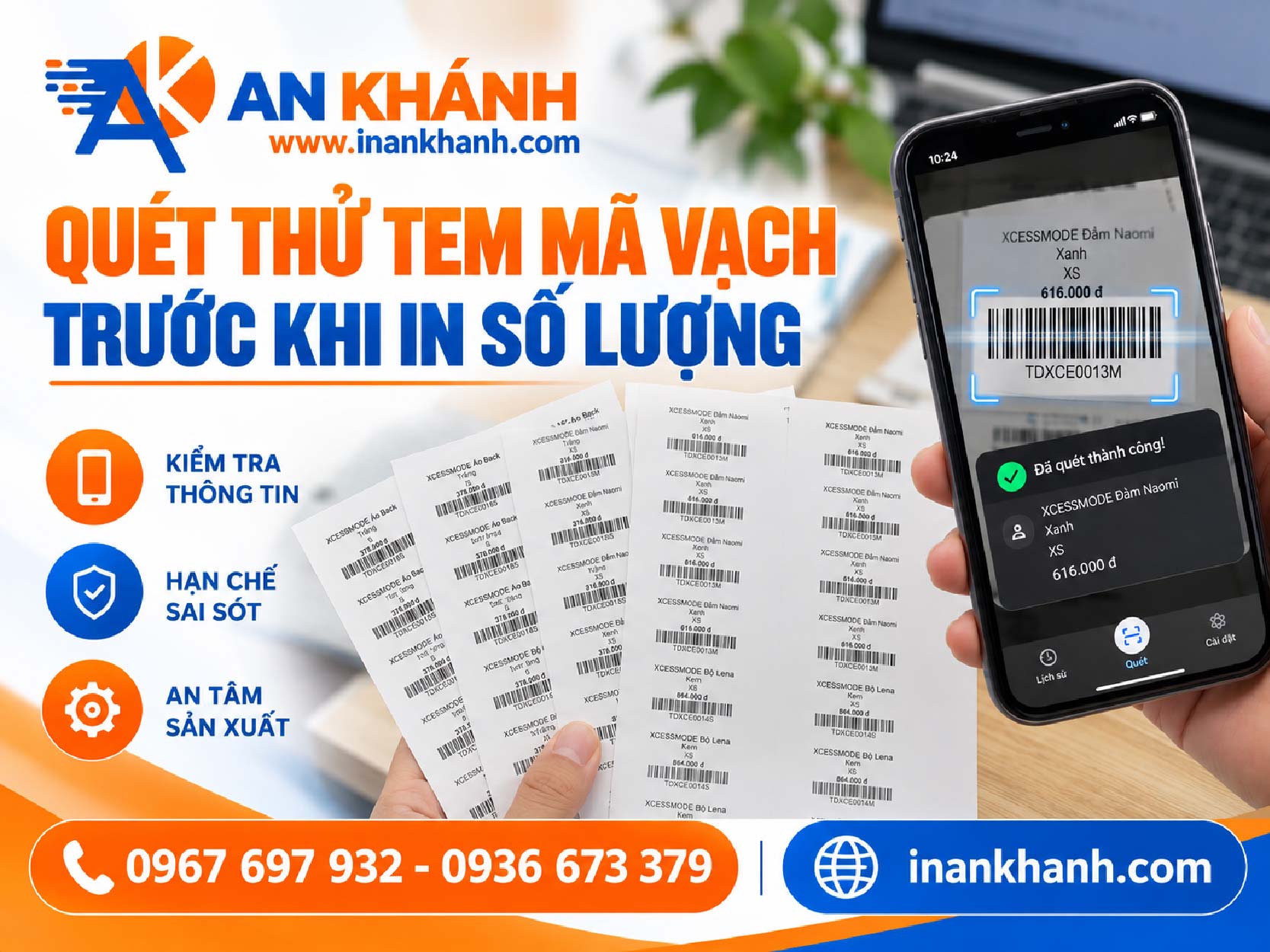In An Khánh kiểm tra bản in test tem mã vạch trước khi sản xuất số lượng lớn.