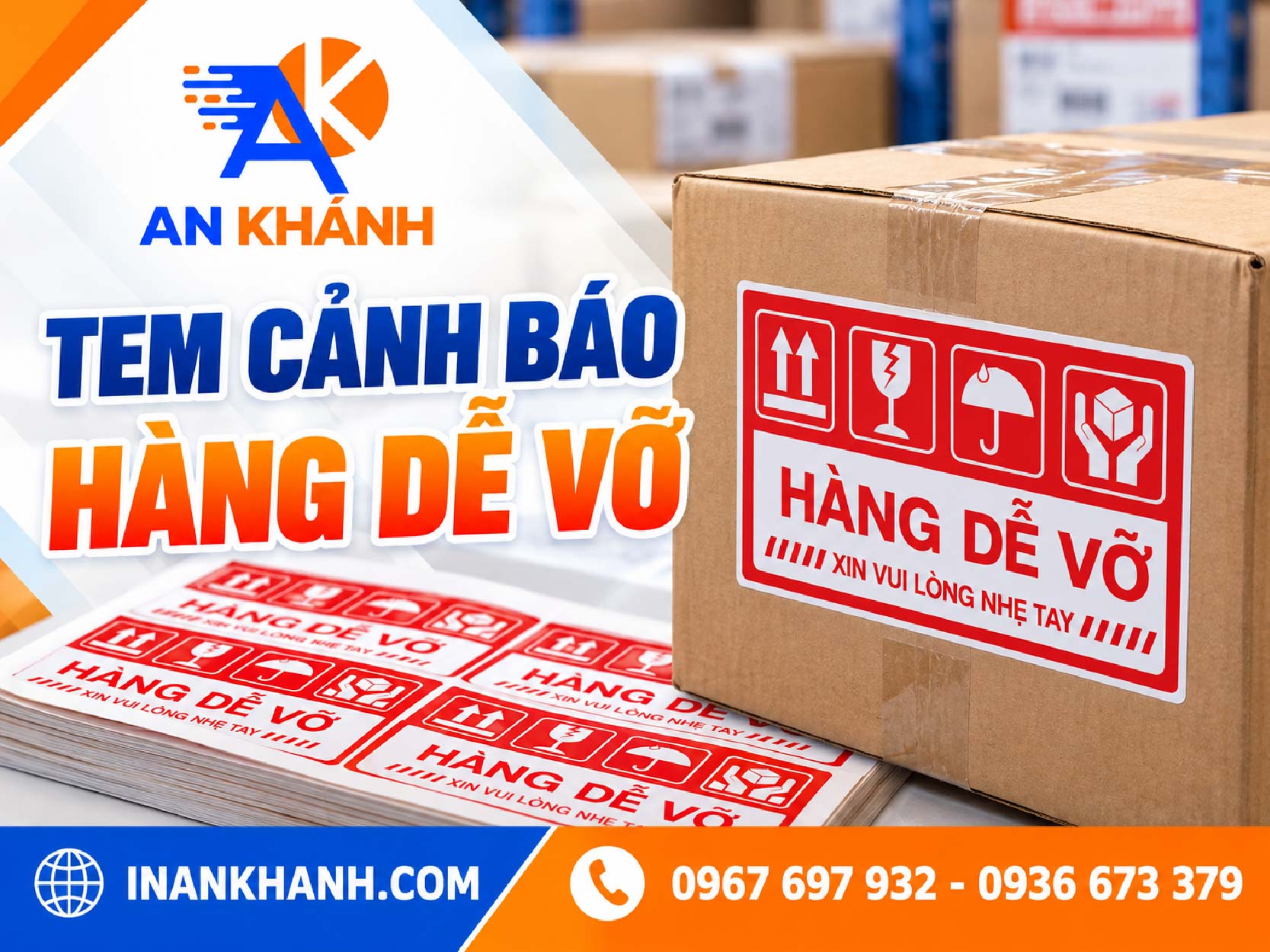 Tem cảnh báo hàng dễ vỡ khổ 7x10cm dán trên thùng carton