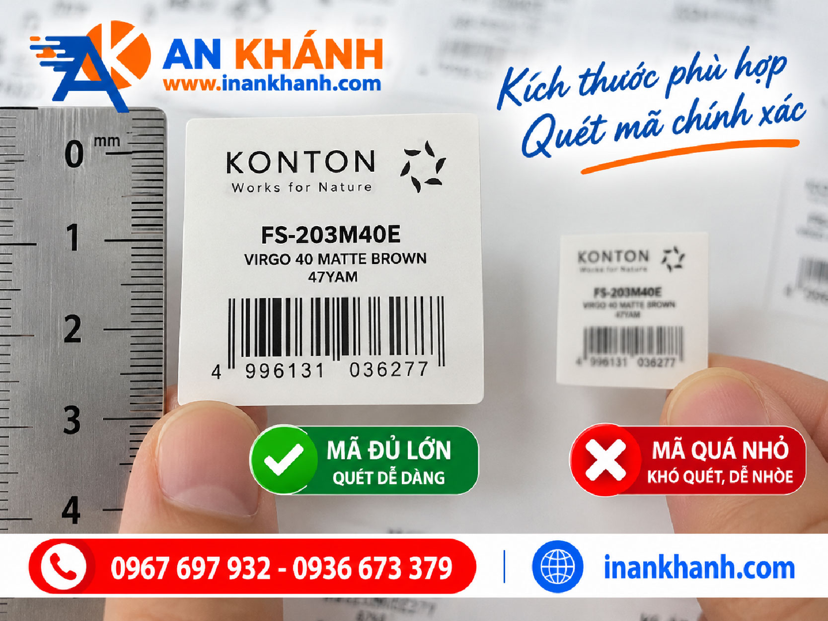 Hình ảnh so sánh tem QR code in đủ lớn và tem QR code in quá nhỏ. Kích thước mã QR, độ tương phản và chất lượng in ảnh hưởng trực tiếp đến khả năng quét bằng điện thoại, đặc biệt khi in tem QR kích thước nhỏ.